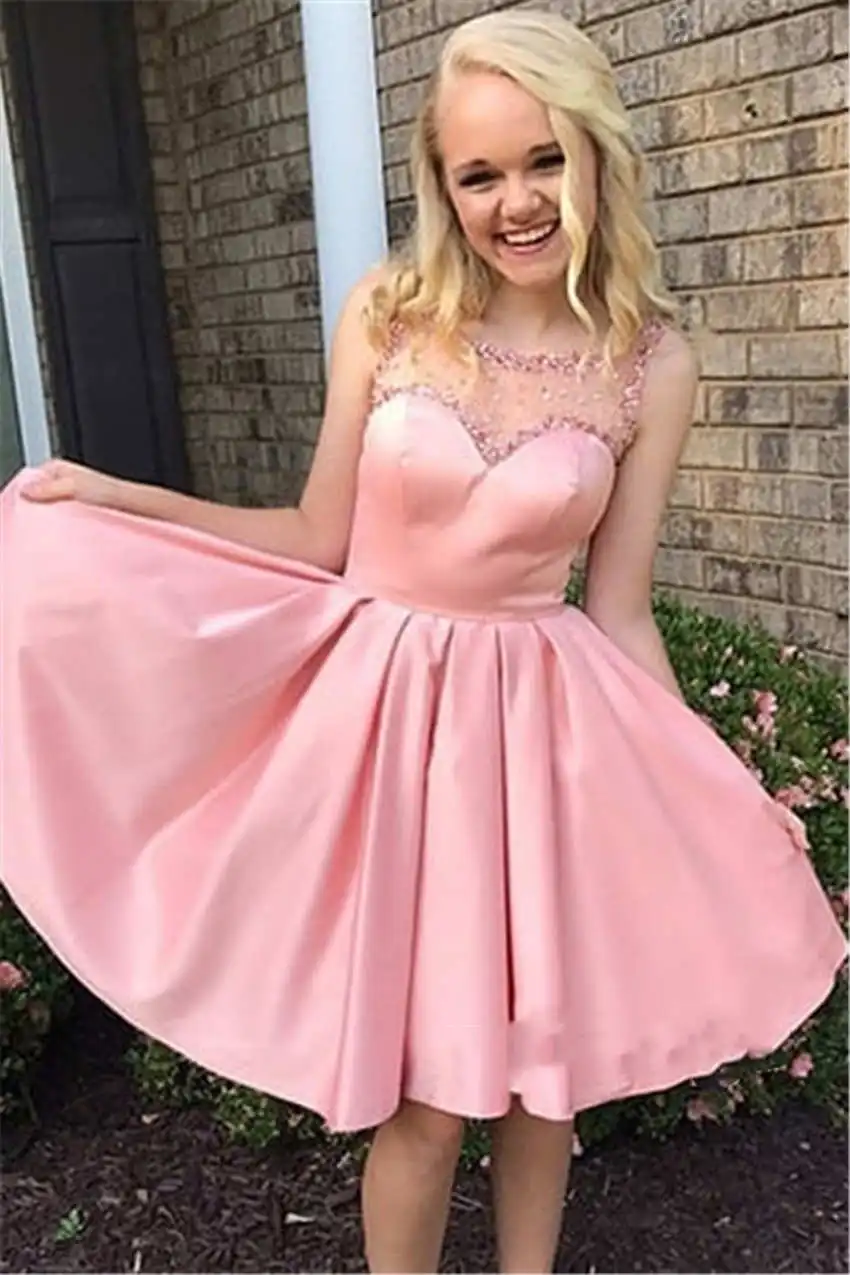 graduation dress for women Pink Lace Appliques Sheer Jewel Neck Knee Length A Line Soft Satin Homecoming Prom Dresses For women