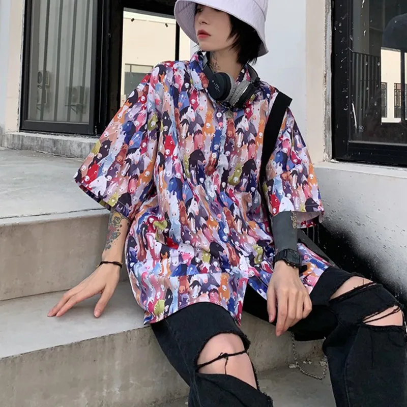 

Short Sleeve Blouses Casual Turn-down Collar Tops Women Fashion Colorful Horses Printed Shirts