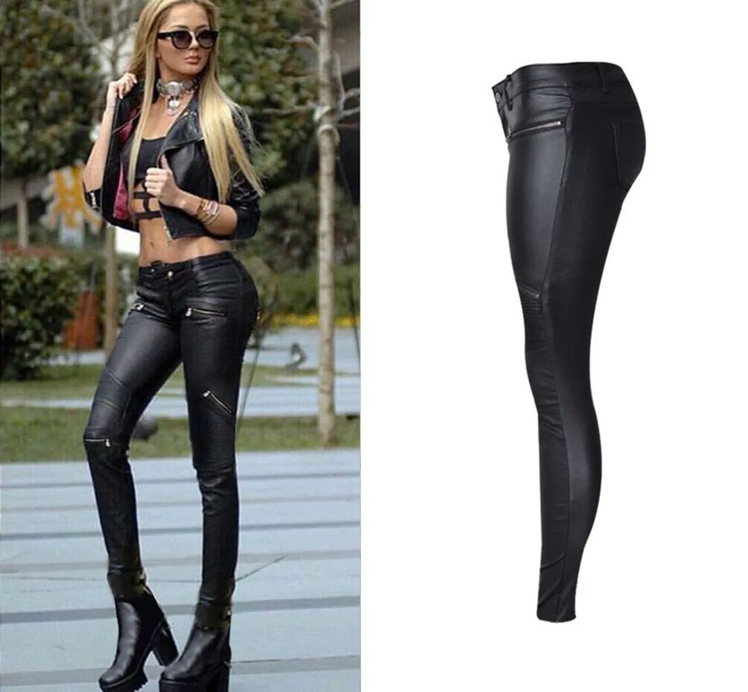 Women's Sexy Zipper Faux Leather Leggings Pants High Waisted Buttoned  Coated Gothic Punk Tights Motorcycle Biker Pants