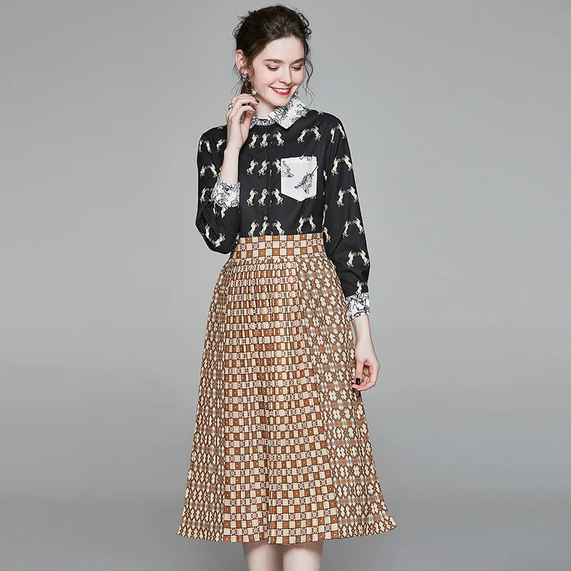 

Europe And America Western Style 2020 Spring New Style Printing Paste Pocket Versitile Fashion Joint Mid-length Pleated Dress