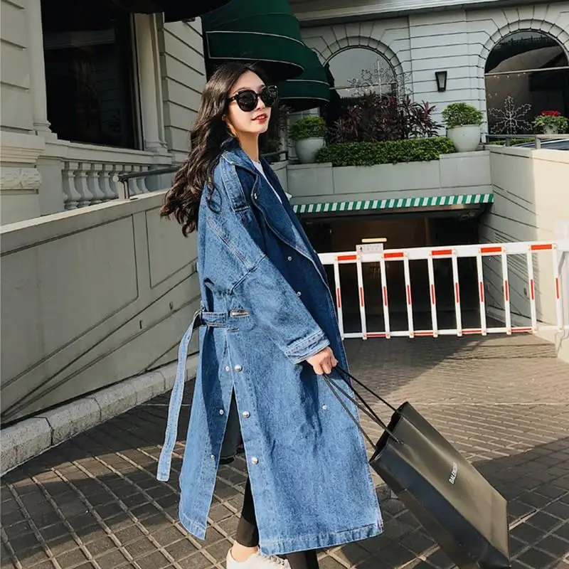 Женский Повседневный однобортный джинсовый Тренч с синим поясом ...