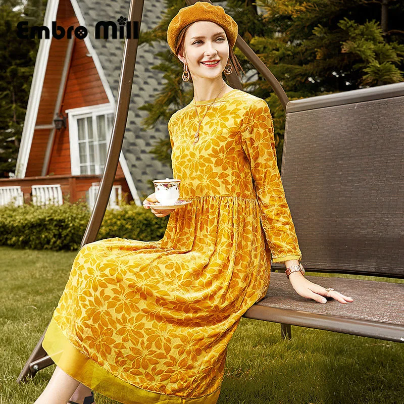 

Flocking Dress Female New Autumn Vintage Style Yellow O-Neck Mid-length Wrist Sleeve A-line Dress S-XL