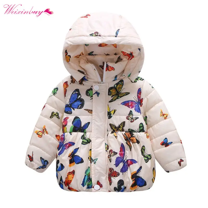 Зимнее теплое хлопковое пальто детские пальто с цветочным рисунком для девочек Детская куртка с длинными рукавами и капюшоном и принтом бабочки теплая плотная верхняя одежда - Цвет: As picture show