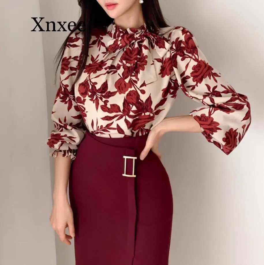 autumn Spring Women Suits Long Lantern Sleeve Shirt Slim Fit Hip knee Skirt Two Piece Set Floral Print Office Burgundy elegant