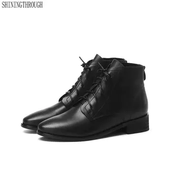 

Classic lace up Women Ankle Boots Quality Genuine Leather Punk Motorcycle Short Boots Night Club Shoes Woman size 41 42 43