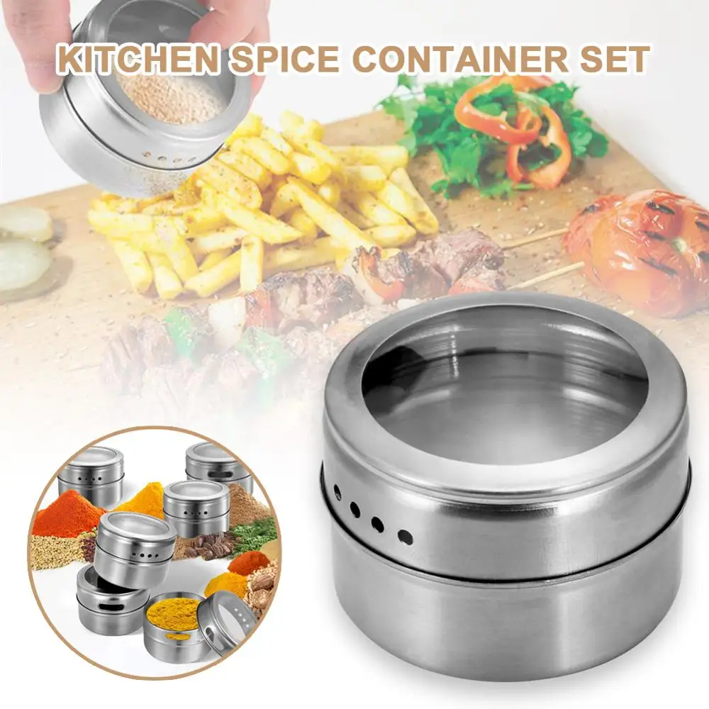 

Magnetic Spice Jar Set With Stickers Stainless Steel Spice Tins Spice Storage Container Pepper Seasoning Sprays Tools Spice Jar