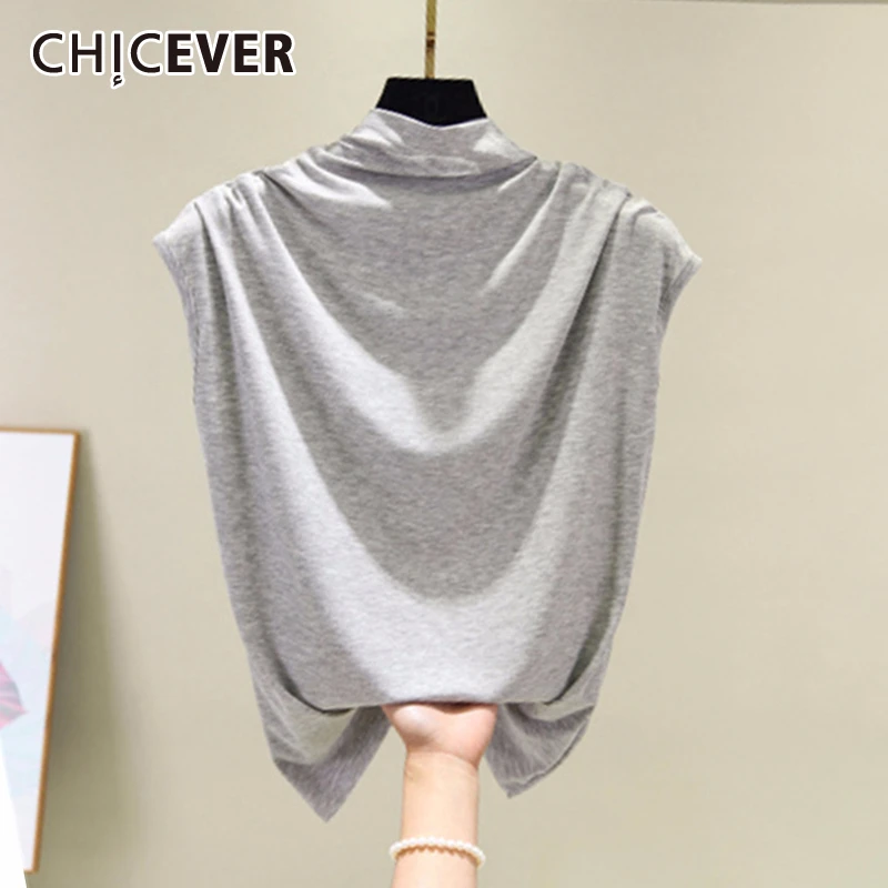 CHICEVER Корейская облегающая женская футболка с высоким воротником без рукавов