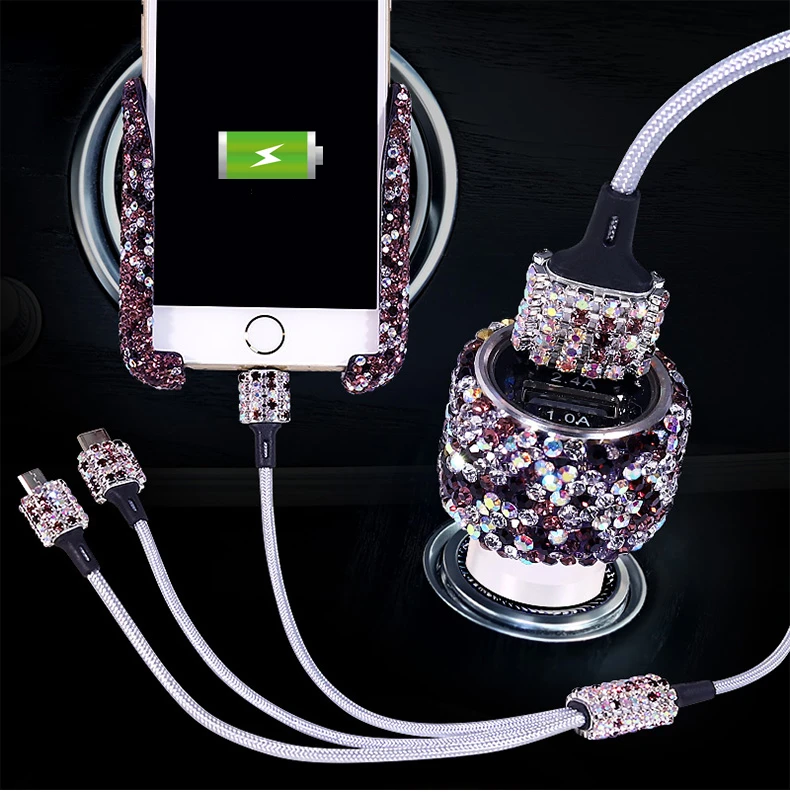 Dual-USB-Car-Charger-Bling-Bling-Handmade-Rhinestones-Crystal-Phone-Holder-3-in-1-Charger-Cable-1