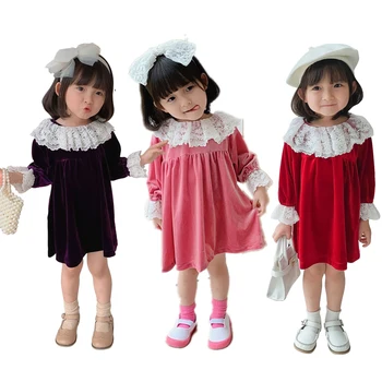 

red velvet christmas dress age for 1 - 8 years baby girls vintage noble lace princess costume autumn winter little girls frocks