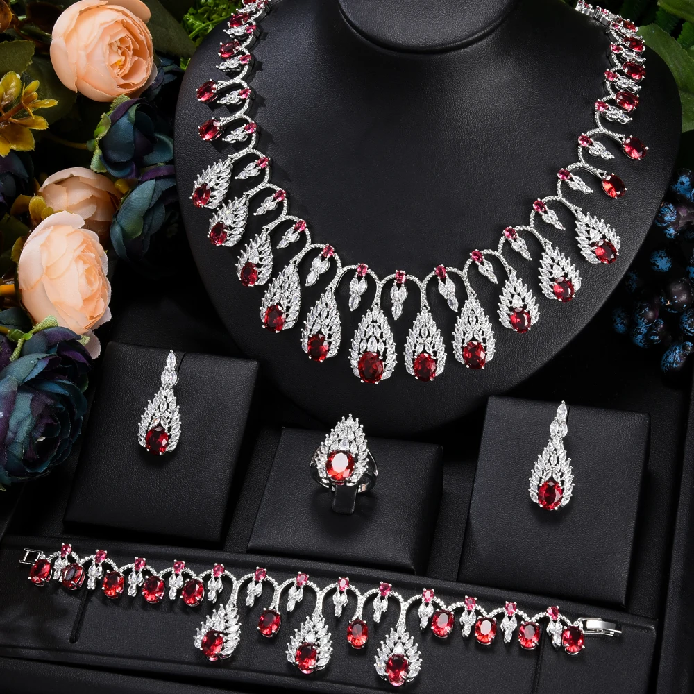 

KellyBola Exclusive High Quality Ladies Wedding Luxury Zircon Necklace Bracelet Earring Ring Fashion Exquisite Jewelry Set 2021