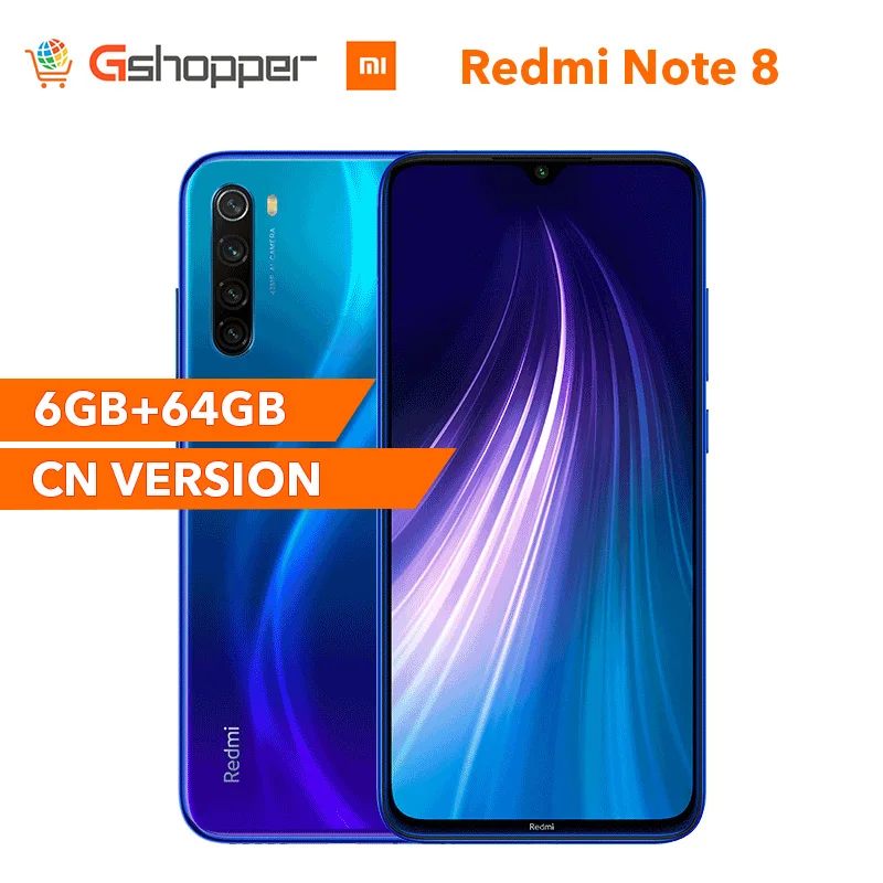 Оригинальный Xiaomi Redmi Note 8 6 ГБ ОЗУ 64 Гб ПЗУ 6,3 "Snapdragon 665 48MP четыре камеры заднего вида 4000 мАч 18 Вт Распознавание отпечатков пальцев лица