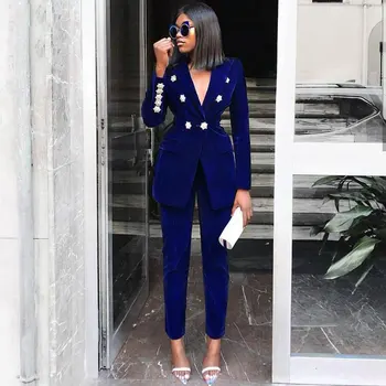 

Summer Sets for Women 2020 New Navy Blue V Neck Long Sleeve Sexy 2 Piece Set Outfits High Quality Two Piece Set Suit