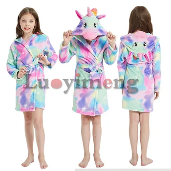 

Winter Long Sleeve Hooded Children's Bathrobe Cartoon Unicorn Kids Robe Lovely Animal Boys Bath Robe Beach Towel Girls Bathrobe
