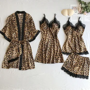 

4PCS Pajamas Suit Sexy Leopard Young Lady Sleep Set Nightwear Satin Lace Patchwork Women Strap Top&Shorts Intimate Lingerie