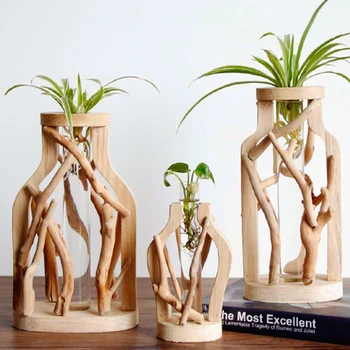 

PURE HANDMADE WOODEN VASE PASTORAL MICRO LANDSCAPE CREATIVE SOLID WOOD GLASS FLOWER HYDROPONIC CONTAINER HOME DECORATION VASE