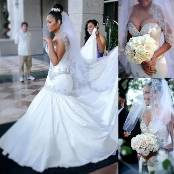 

Sweetheart Neckline Satin Mermaid Wedding Dress with Beading Applique Sweep Train Lace-up Bridal Dress vestido de noiva