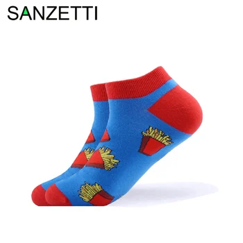 

SANZETTI 1 Pair 2020 New Men's Summer Casual Ankle Socks Colorful Combed Cotton Socks Hamburger Pattern Dress Wedding Boat Socks