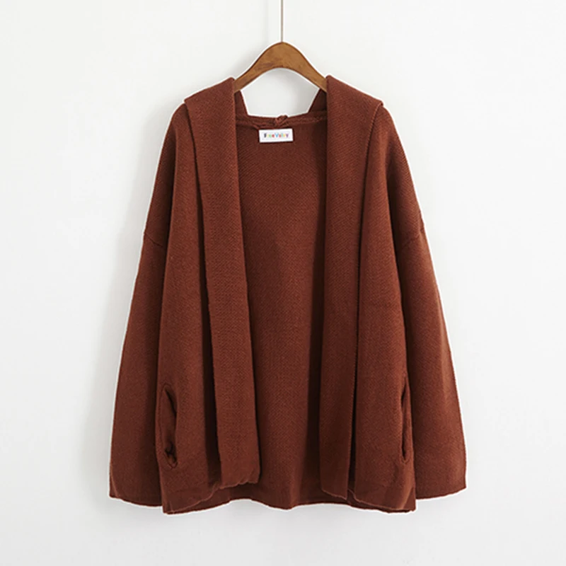 Caramel color Утолщенный кардиган, женский свитер с капюшоном, зимний джемпер, Одноцветный, Корейская куртка, свитер, негабаритный кардиган, Harajuku, с карманами, свободный, V809 - Цвет: Caramel color