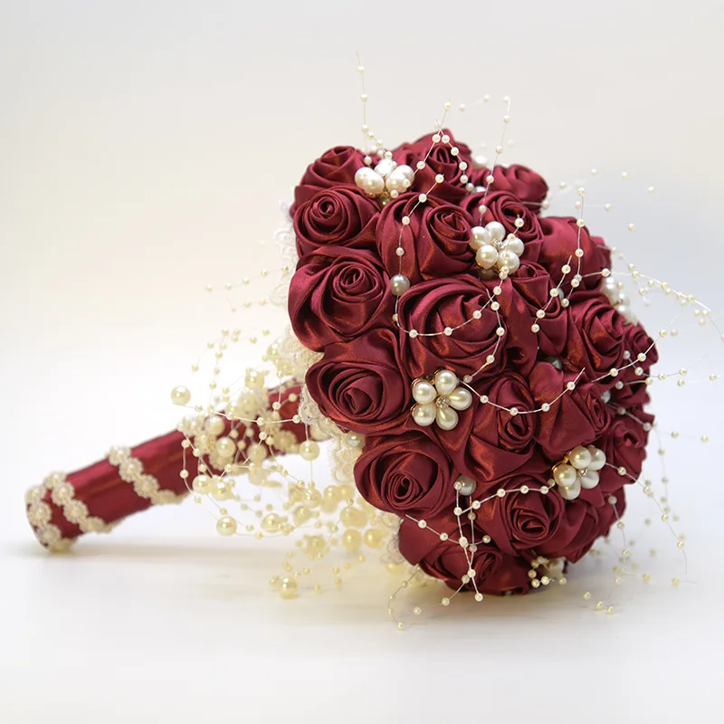 Kyunovia, бордовые шелковые розы, потрясающие жемчужные бусинки, букет невесты, Свадебный букет невесты, ramo de novia,, BY53