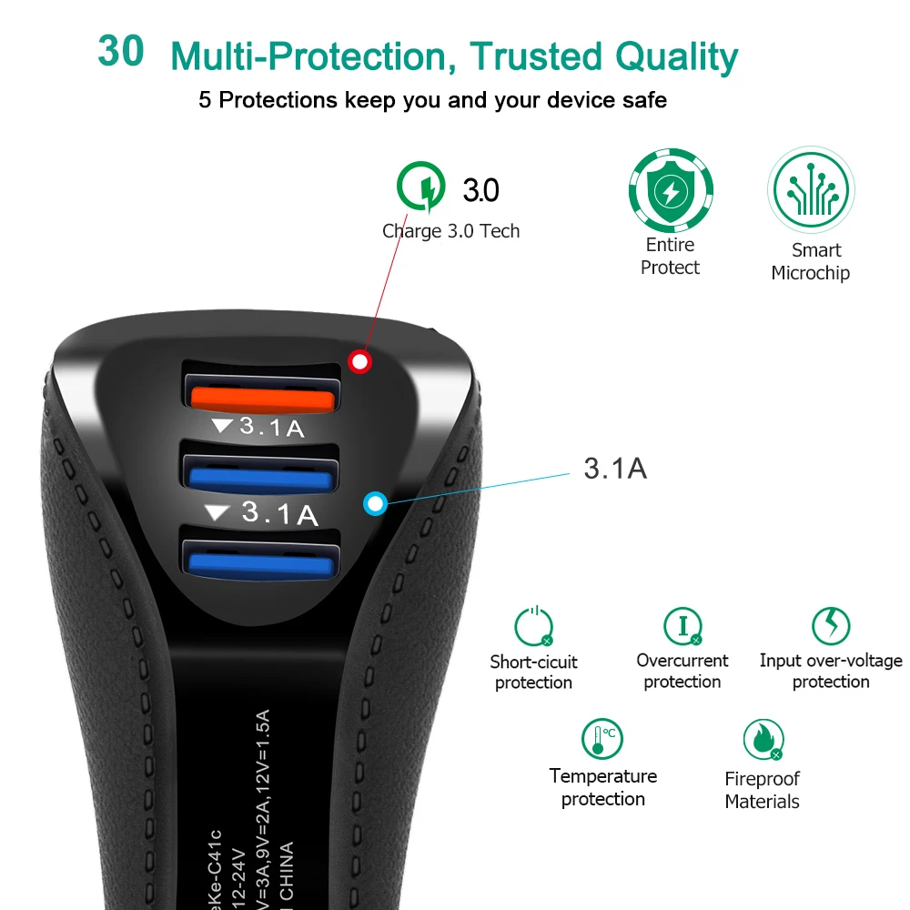Переходник USB для зарядки в машине 3.1A автомобильное USB зарядное устройство для мобильного телефона USB Автомобильное зарядное устройство автоматическая зарядка 3 порта для iPhone 7 Xiaomi Note 7