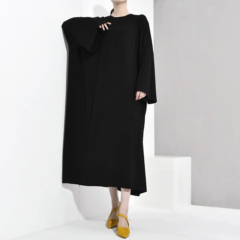 [EAM] Новинка, весна-осень, черное свободное короткое платье с круглым вырезом и длинным рукавом большого размера, женское модное платье, JY786