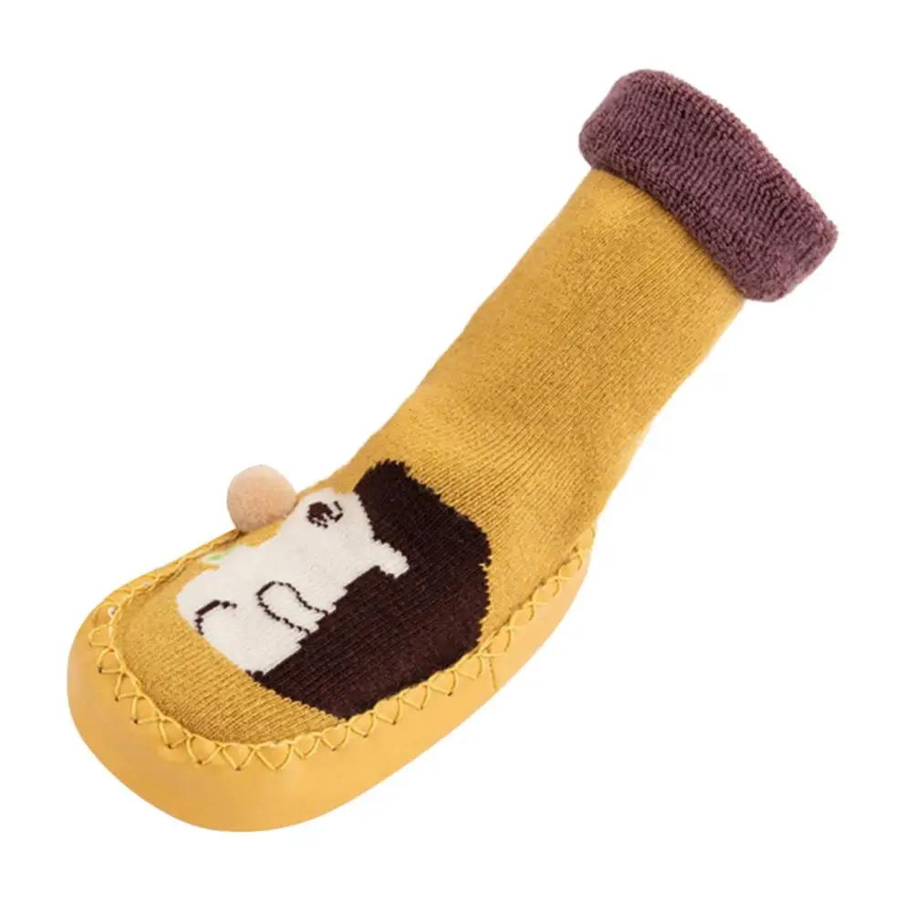 Детские носки с резиновой подошвой, зимние носки, детская обувь с рисунком, носки, Нескользящие теплые носки-тапочки, нескользящие носки,#35 - Цвет: Цвет: желтый