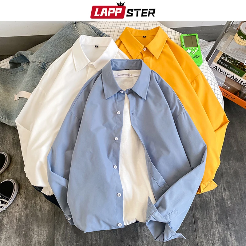 

LAPPSTER Men Solid Cotton Harajuku Button Up Shirts 2023 Summer Mens Japanese Streetwear Loose Shirts Male Korean Fashion Shirts