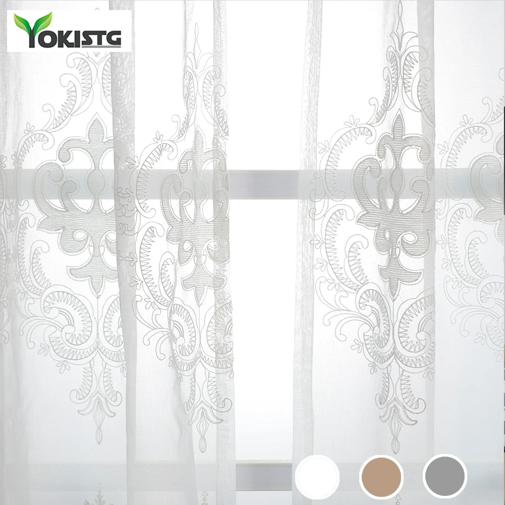 

YokiSTG European Embroidered Voile Sheer Curtains Tulle For Living Room Bedroom Window Treatment Drape For Kitchen Home Decor