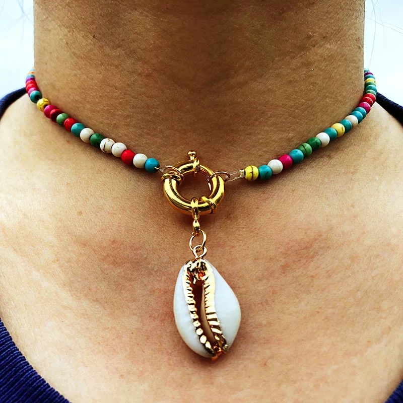 

KMVEXO Colorful Resin Bead Boho Jewelry Choker Necklaces Women Fashion Bohemian Summer Chic Collier Femme Shell Pendant Necklace