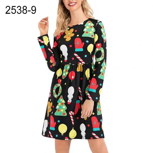 Vestidos de fiesta Vestido delgado hasta la rodilla de manga larga con estampado floral de otouno de las mujeres de Navidad - Цвет: 2538 9