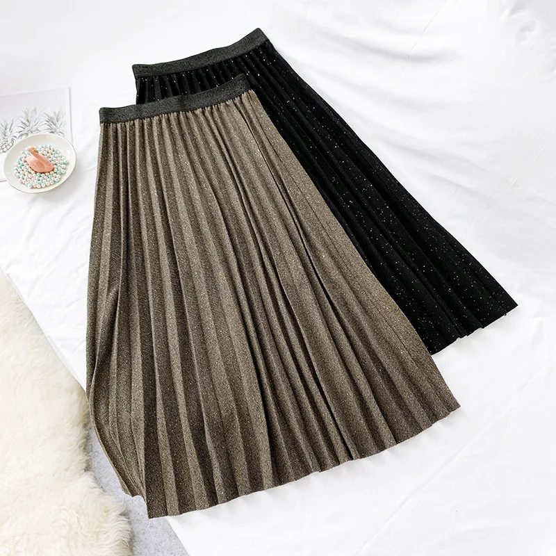 Qooth Skirt Spring Autumn Women's High Waist Pleated Solid Color Knitting Cotton Skirts Promotions Lady Black Skirt qh2018
