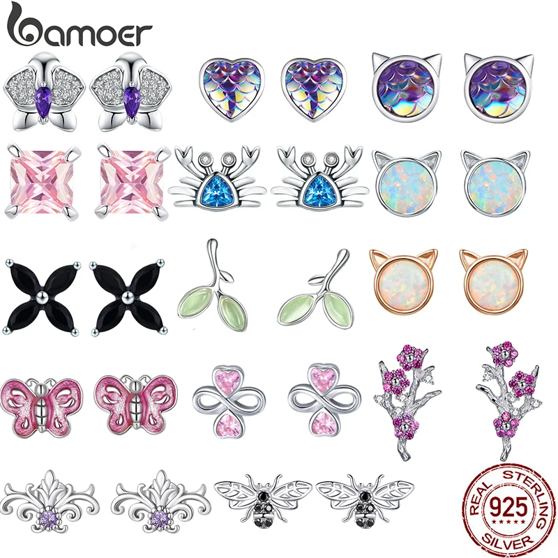 Bamoer 100% Argento Sterling 925 Modello Vintage Orecchini A Bottone Cuore Farfalla Granchio Viola Cz Orecchini Per Regalo Gioielli Da Donna