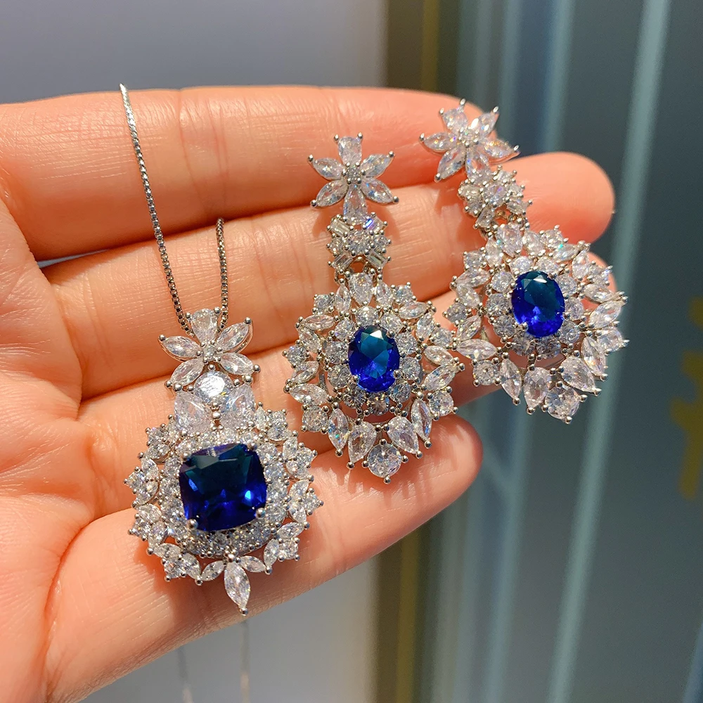 Blue Sapphire Jewelry SET VINE Marquise Bridal Necklace and Earrings Cubic  Zirconia - Etsy