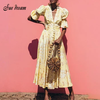 

2020 Autumn New Women's Holiday Palace Style Puff Sleeve V-neck Single-breasted Waist Printing Long Dress Bodycon Party Dress