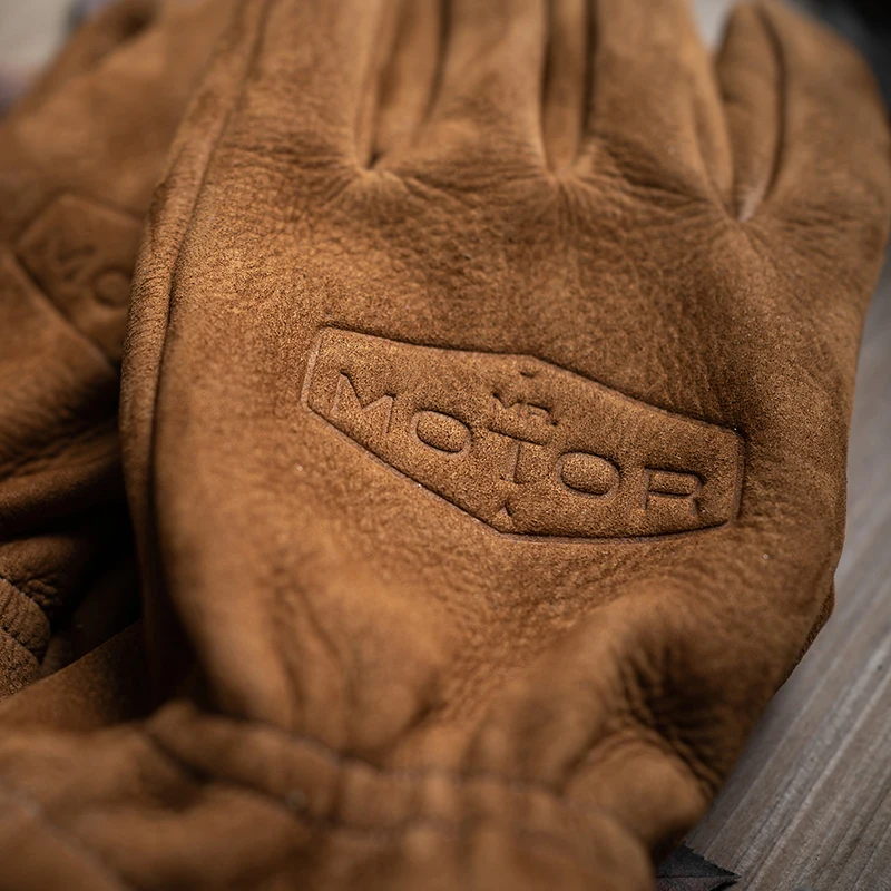 Men's Frosted Genuine Leather Gloves Men Motorcycle Riding Full Finger Spring Gloves With Fur Vintage Brown Cowhide Leather NR65