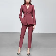 Новая мода Тонкий Бизнес одежда элегантный для женщин офис OL пиджак комплект формальный блейзер+ брюки костюм Feminino женский с поясом