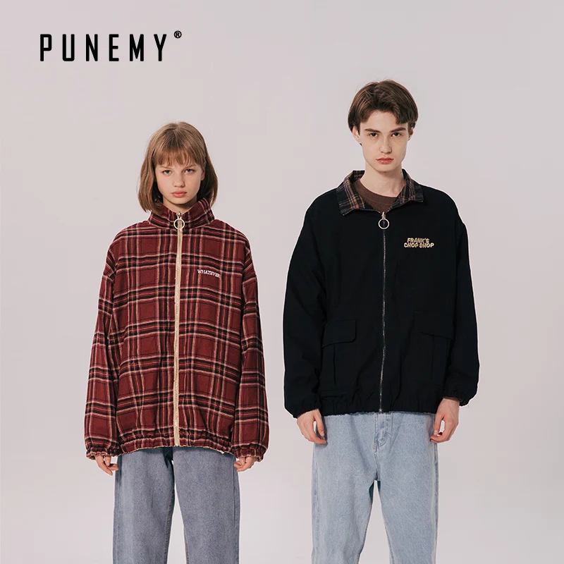 

Retro Harajuku Men Jackets Coats Double-sided Wear Hip Hop Streetwear Oversize Stand Collar Zipper Autumn New Man's Jackets Coat