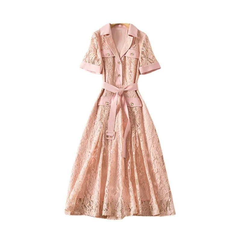 

MIUXIMAO 2021 New Autumn Women's Clothing Lapel Short Sleeve Lace Belt Slim Waist Dress Fashion Elegant Office Style