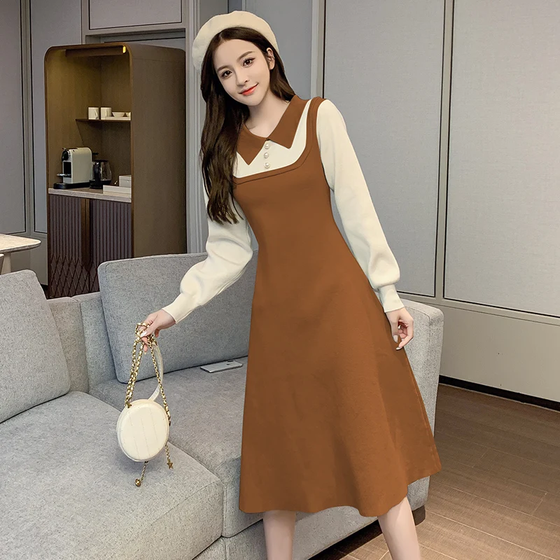 Women Korean Dress Fashion One Piece Autumn Winter 2021 New Office Lady  Korea Style Full Sleeve Patchwork Solid Black Dresses - Dresses - AliExpress