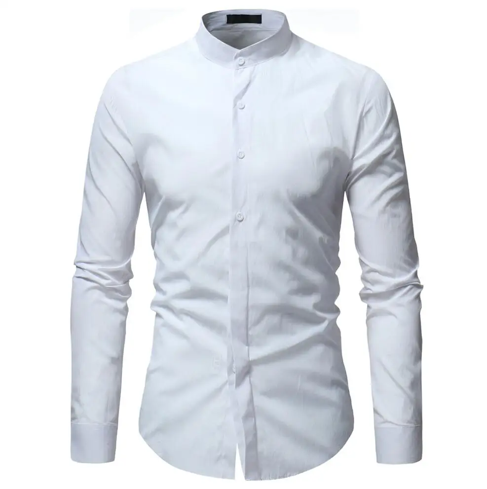 White Shirt Men Брендовые повседневные рубашки для мужчин мода воротник стойка сплошной цвет длинный рукав платье рубашка зауженные официальные бизнес Camisa Masculina - Цвет: White Shirt Men