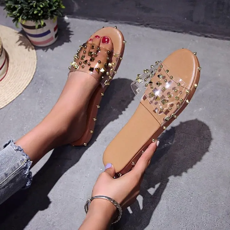 

2020 Women's summer Flat slippers Sexy Fashion Roman Style Rivets Snakeskin Outdoor Slippers Plus Size 35-43 Beach slippers