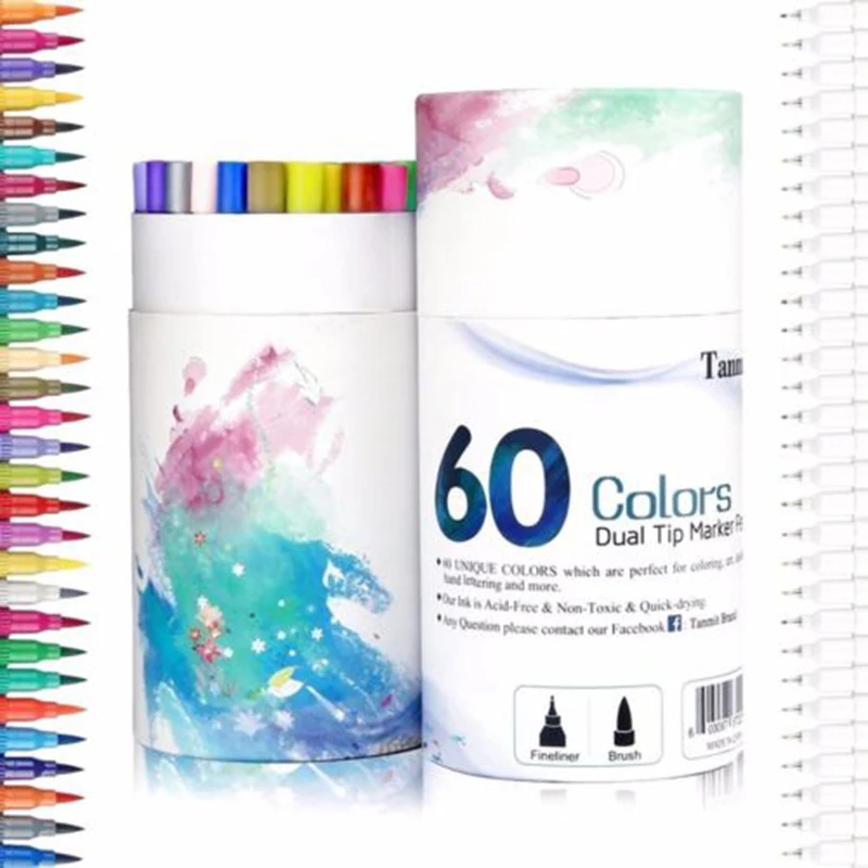 

Fineliners Marker Pen Watercolor Coloring Highlighters Art Paint Broad 60 Colors Dual Tip Brush Pens New