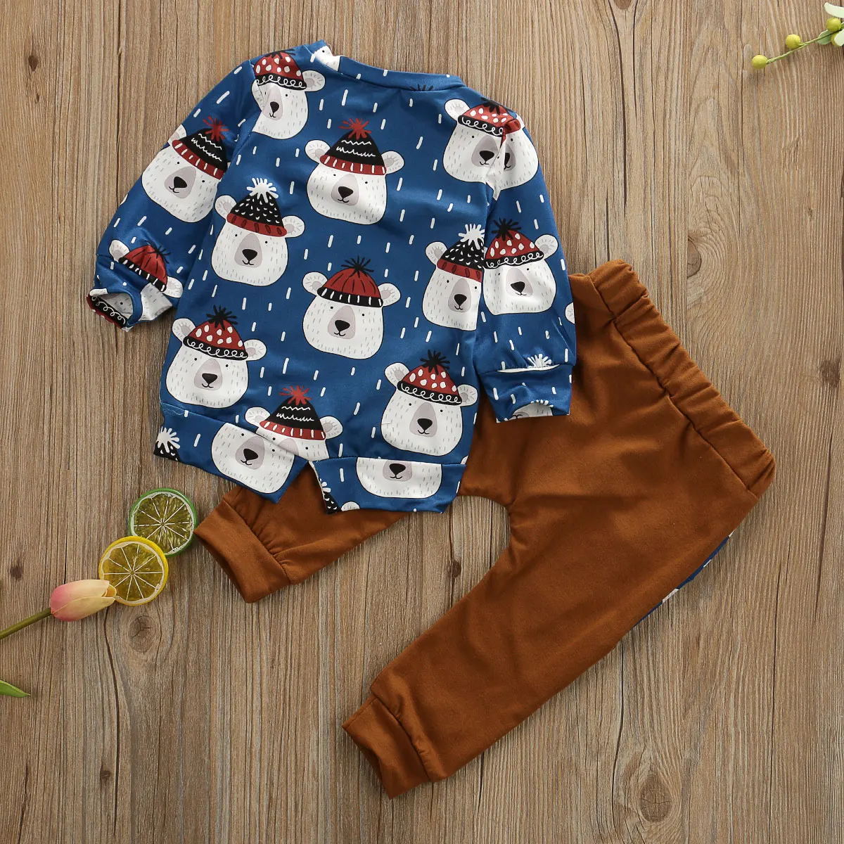 Pudcoco/осенне-зимний рисунок с милым медведем, наряды одежда для маленьких мальчиков топ с длинными рукавами, футболка, штаны, комплект одежды