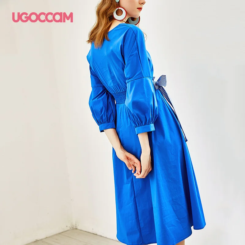 UGOCCAM, осеннее платье, женское, v-образный вырез, каваи, платье с длинным рукавом, повседневные, сексуальные, вечерние, свободные, а-силуэт, облегающее, винтажное, одноцветное, с высокой талией, в Корейском стиле