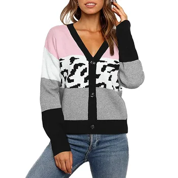 

Women's 2020 Autumn and Winter Sweater, Women's Sweater, Casual Leopard Splicing Contrasting Color Knitted Cardigan
