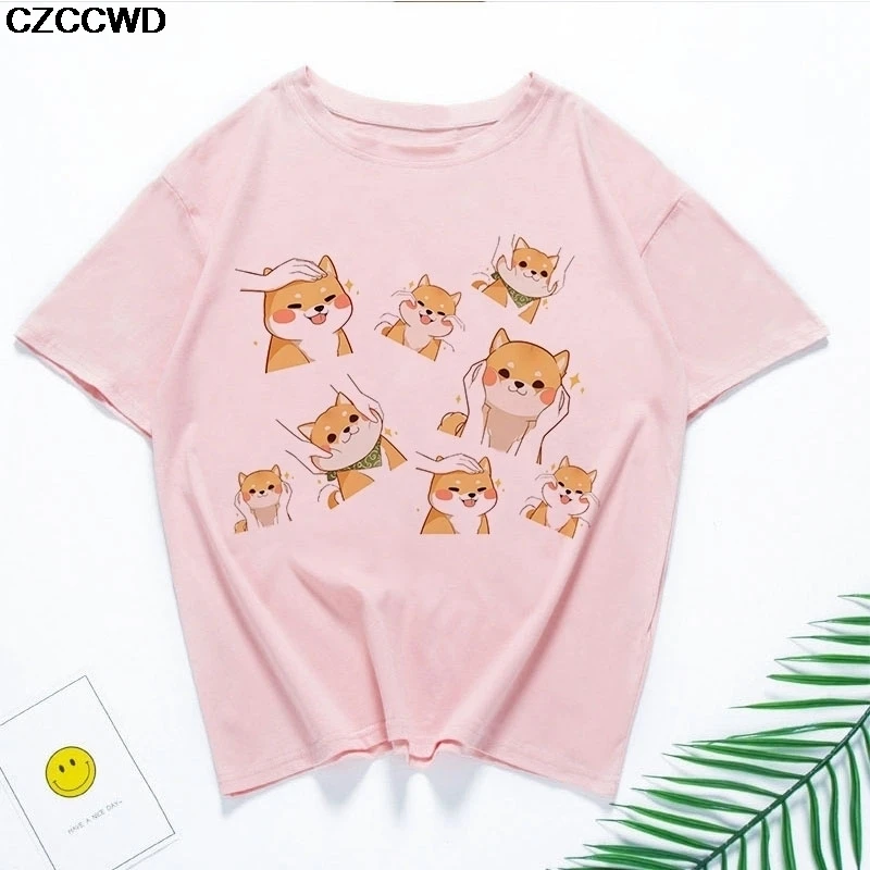 Funny Kawaii Cute Shiba Inu Dog T-shirt Women Gift Print Pink T-shirt Summer Loose Harajuku T Shirt Streetwear Clothes Tops Tees