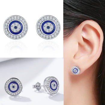 

Authentic 100% Real 925 Sterling Silver Round Stud Blue Eyes Korean Earrings for Women Stud Earrings Jewelry Earrings