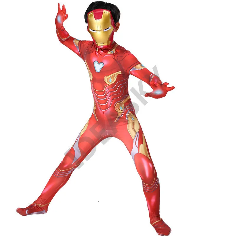 Карнавальный костюм Железного человека для мальчиков, персонажа Тони Старка, костюм Тони Старка из лайкры для взрослых и детей, костюмы зентай из спандекса, костюм Железного человека на молнии