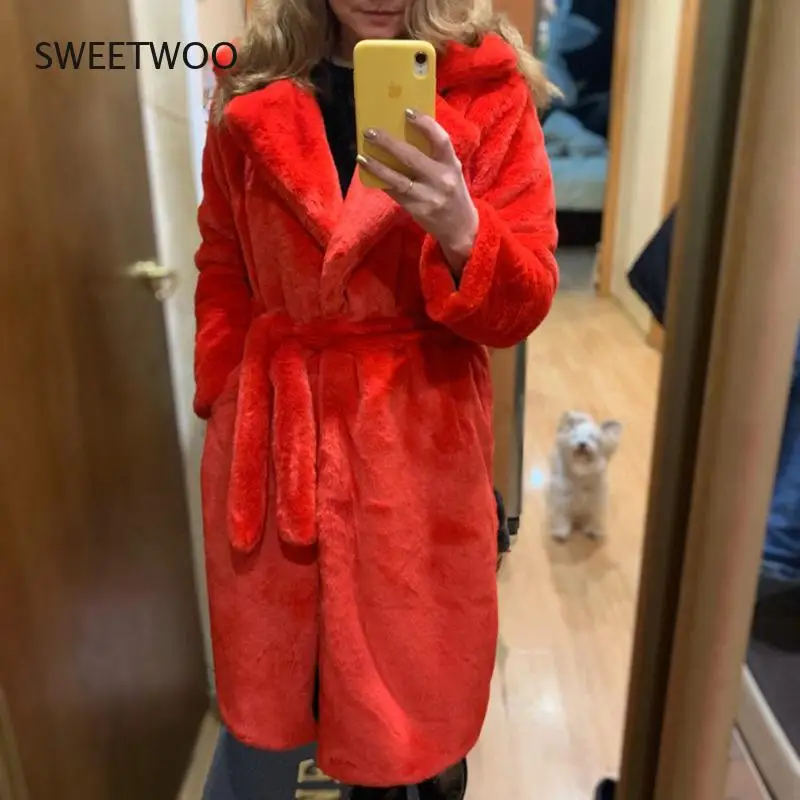 Winter Women High Quality Faux Rabbit Fur Coat Luxury Long Fur Coat Loose Lapel Overcoat Thick Warm  Female Plush Coats