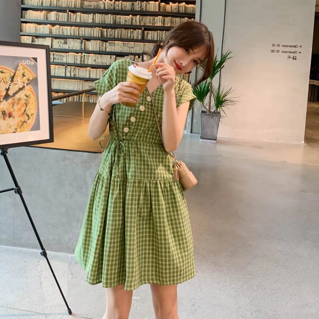 

Photo Shoot CHIC Hipster Avocado Green Pattern Short V-neck Single Breasted Drawstring Waist Hugging A- line Dress Women's